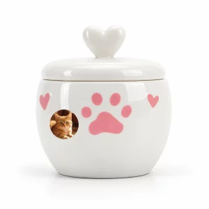 White ceramic pet urn with heart lid, pink paw and sample tabby cat portrait