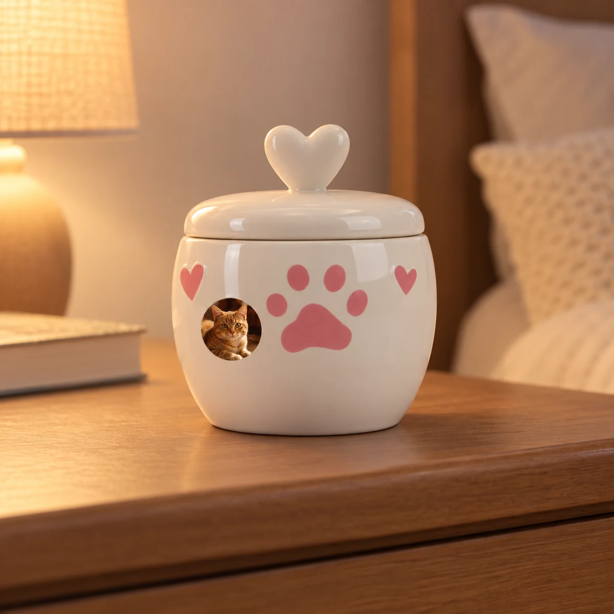 White heart-lid pet urn with pink paw on a bedroom dresser