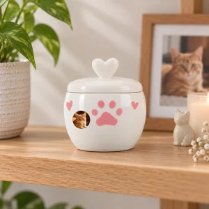 Heart-lid ceramic pet urn on an indoor remembrance shelf