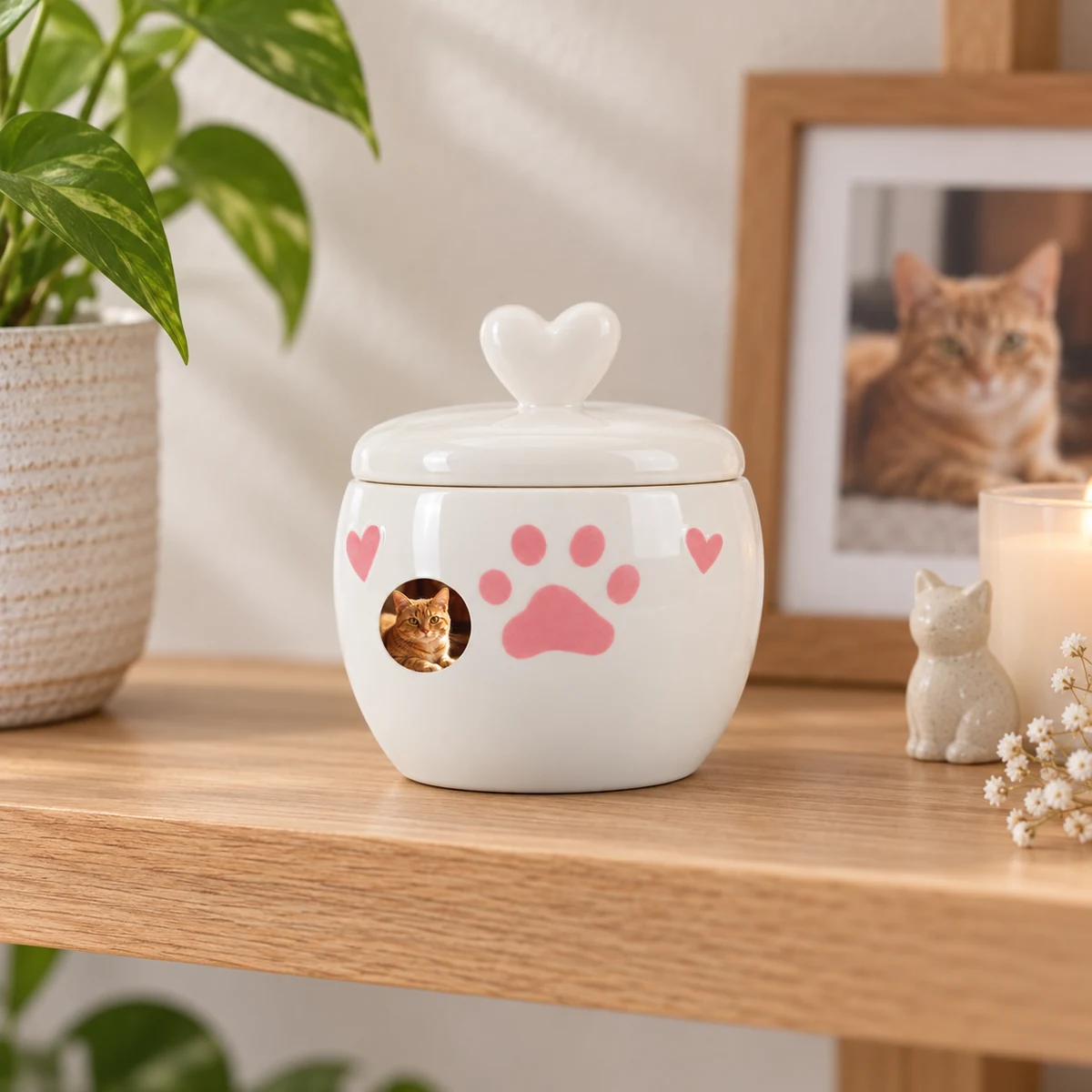 Heart-lid ceramic pet urn on an indoor remembrance shelf