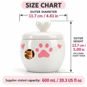 Heart-lid ceramic urn dimensions: 11.7 cm diameter, 12.7 cm high, supplier-stated 600 mL capacity