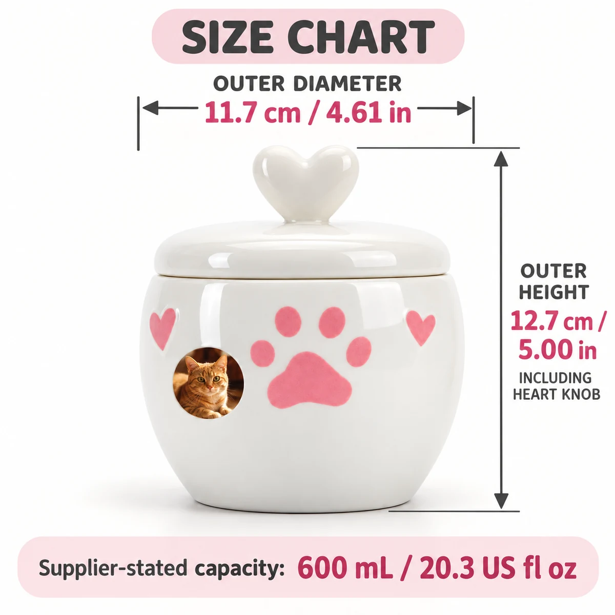 Heart-lid ceramic urn dimensions: 11.7 cm diameter, 12.7 cm high, supplier-stated 600 mL capacity
