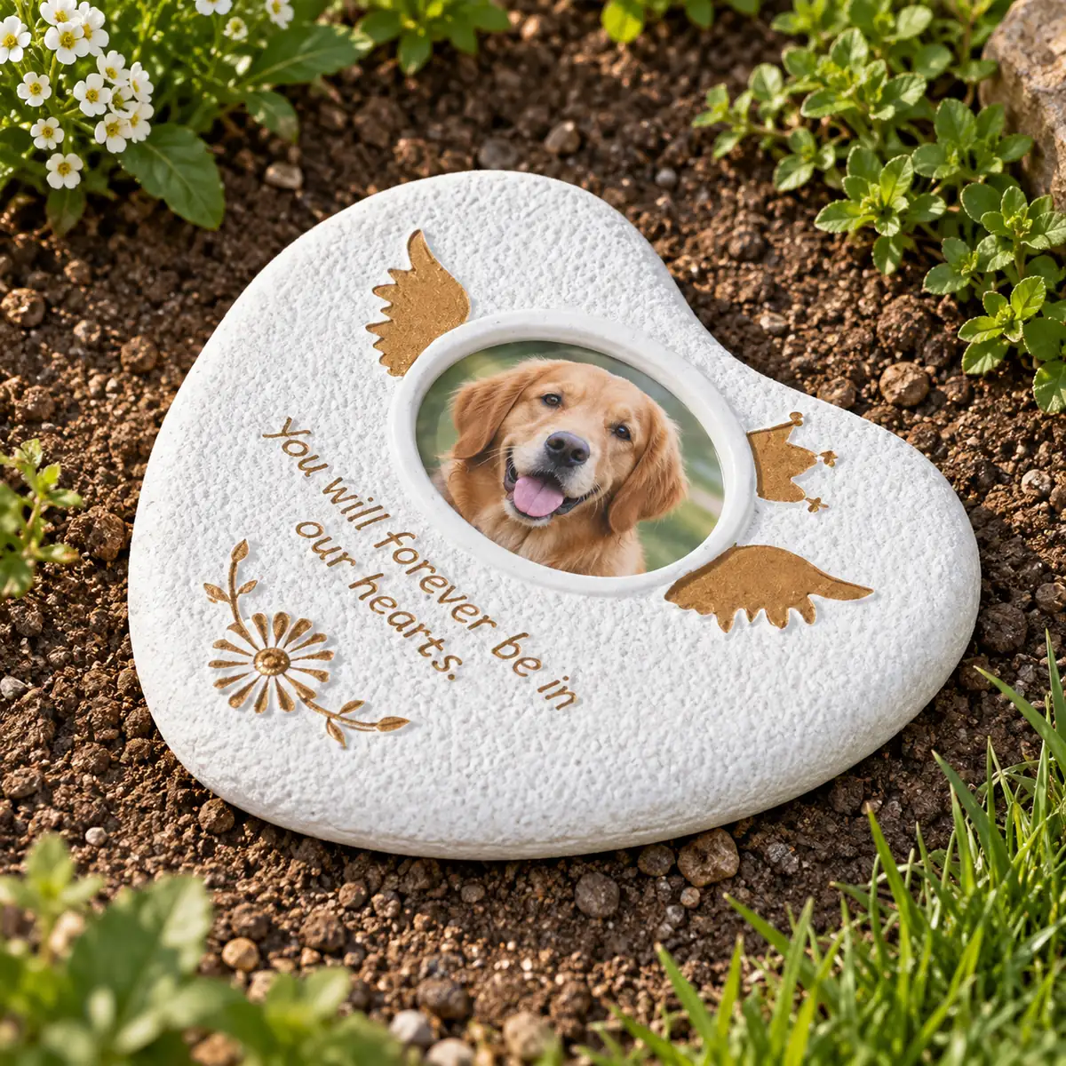 Heart and Wings Pet Grave Marker with Photo Window, in a remembrance garden