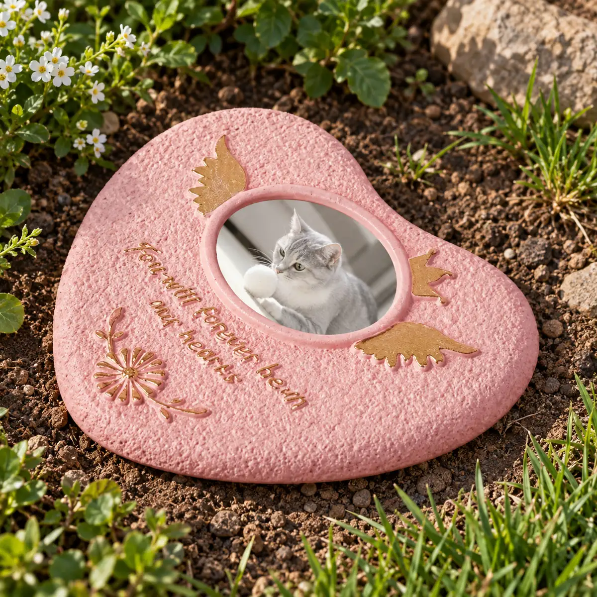 Heart and Wings Pet Grave Marker with Photo Window, beside a garden lawn