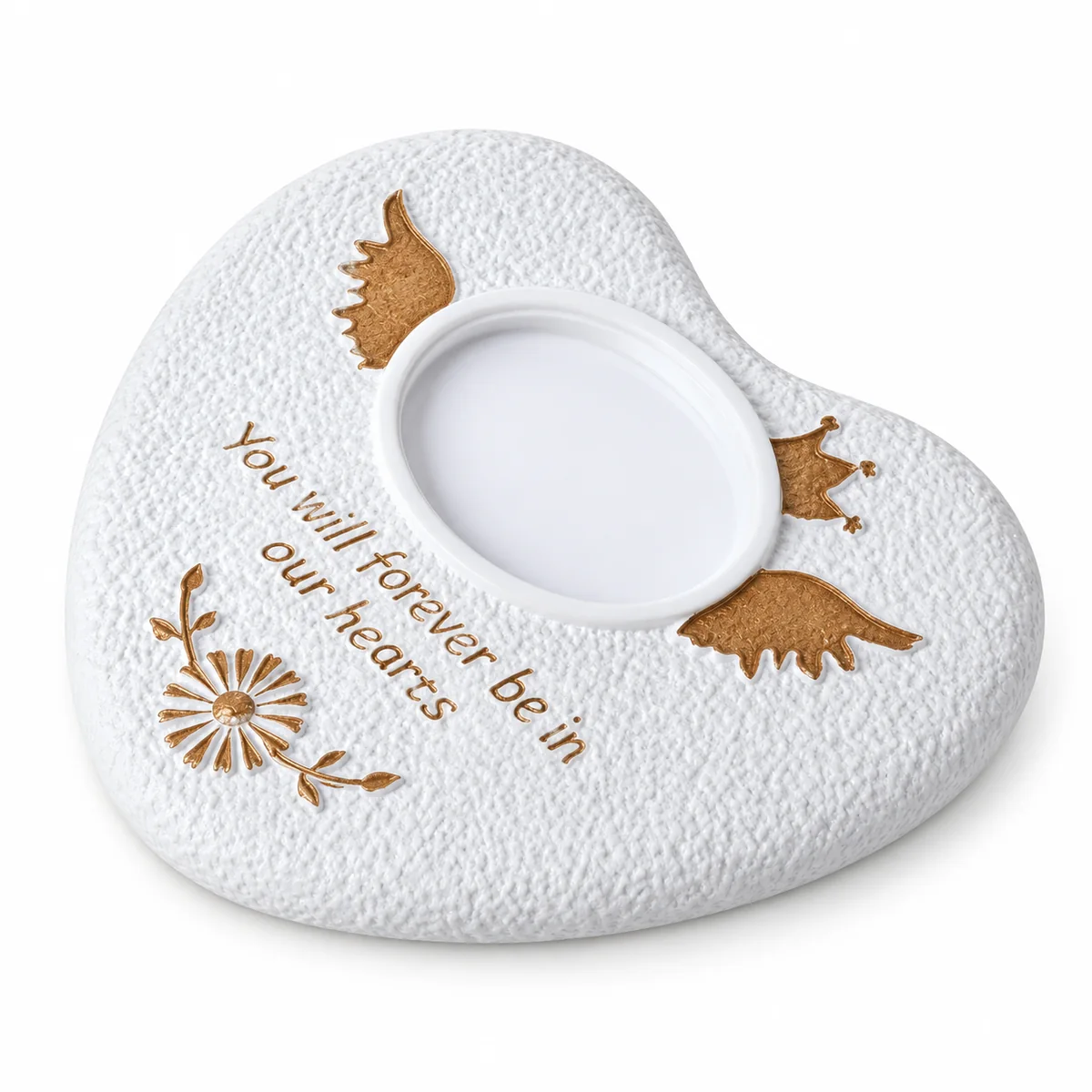 Heart and Wings Pet Grave Marker with Photo Window, front view on white