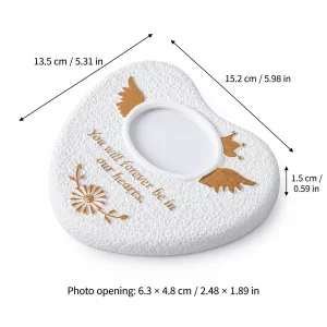 Heart and Wings Pet Grave Marker with Photo Window, dimensions in centimeters and inches