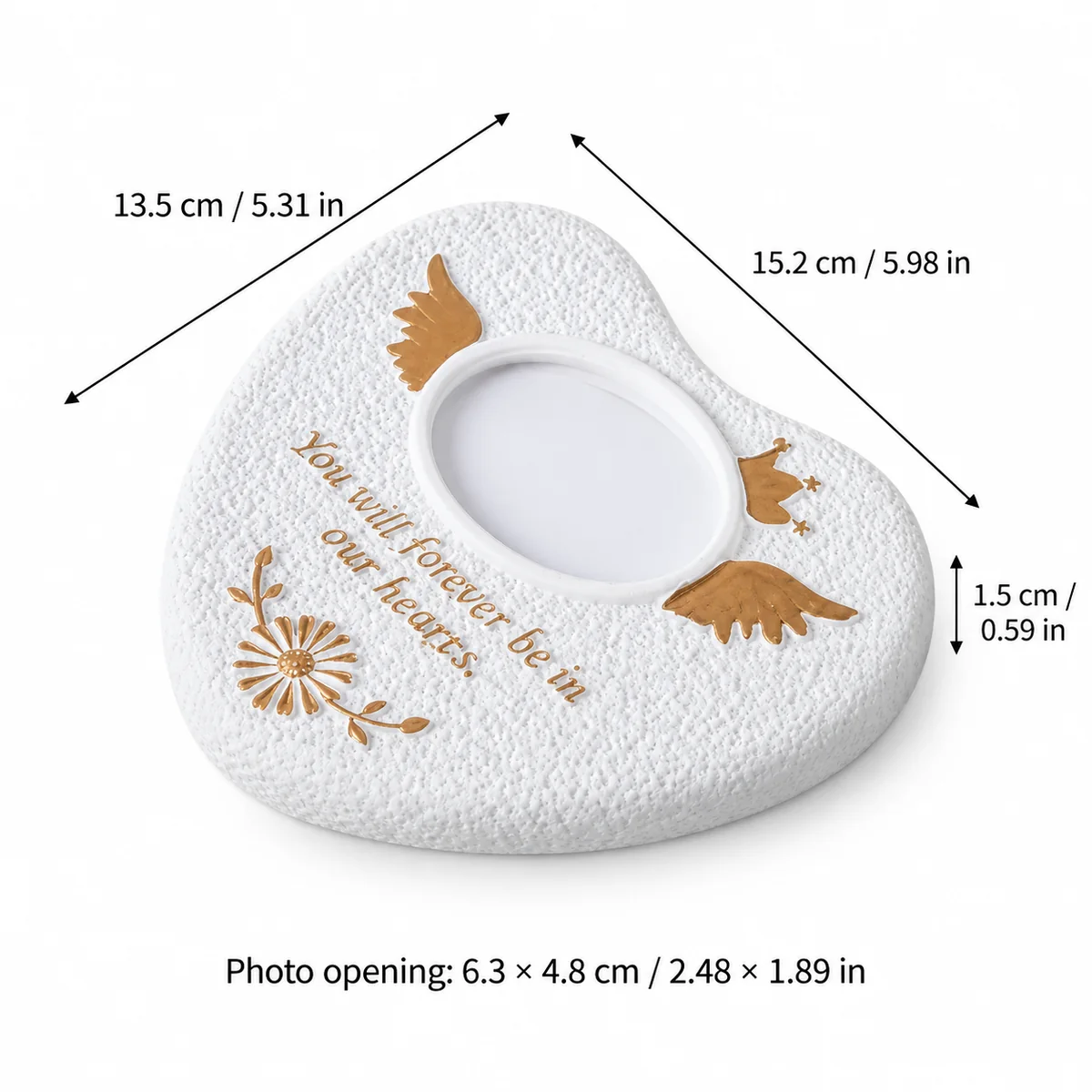 Heart and Wings Pet Grave Marker with Photo Window, dimensions in centimeters and inches