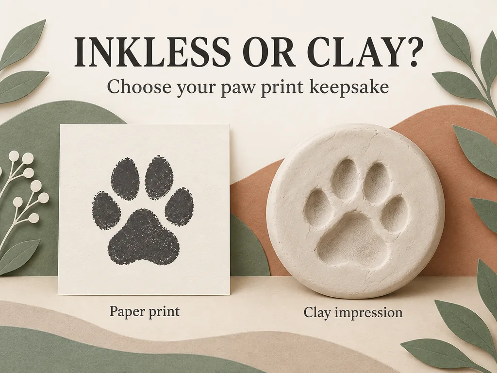 A flat paw print on paper beside a recessed clay paw impression under the words Inkless or clay?
