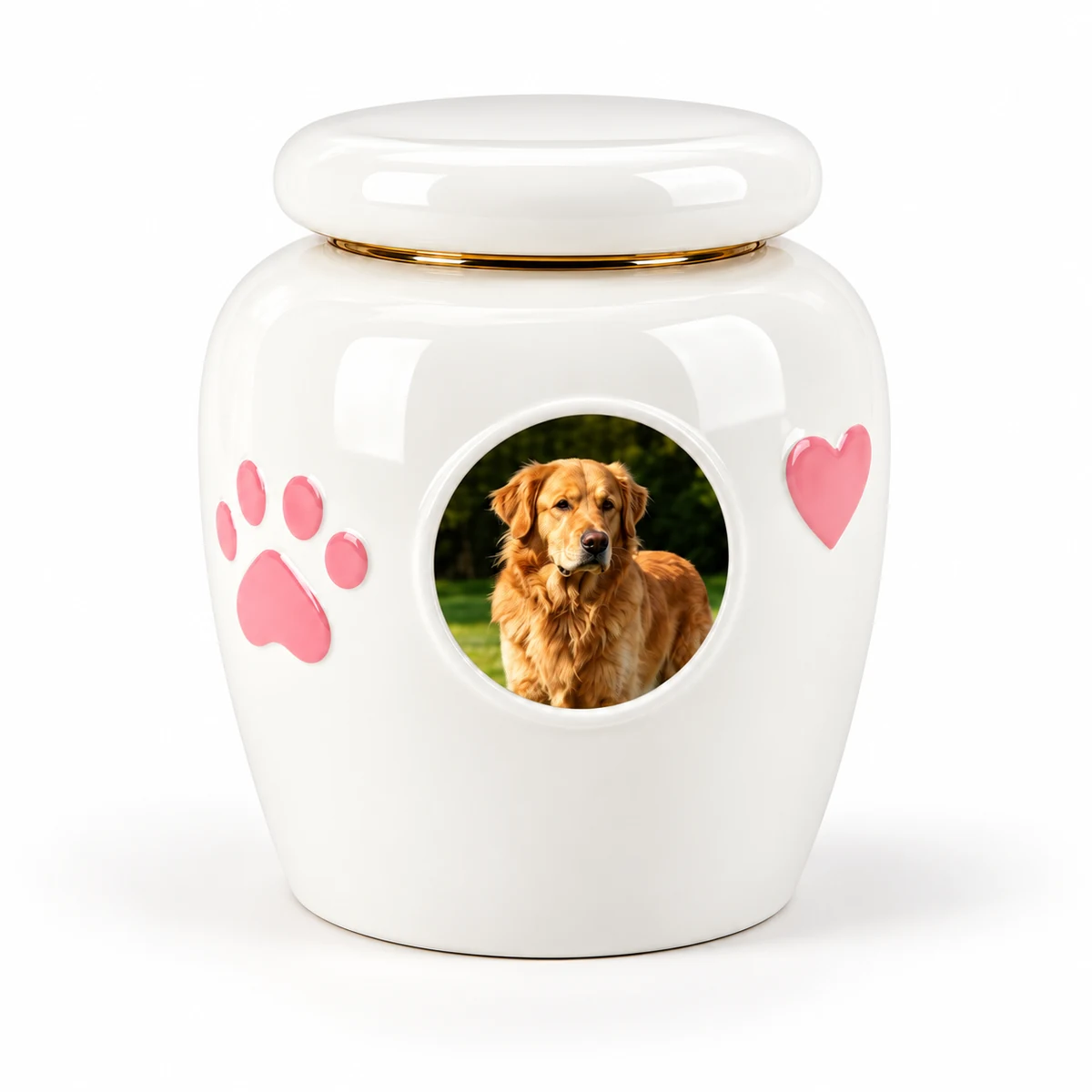 White pet photo urn with a circular sample dog portrait and closed lid