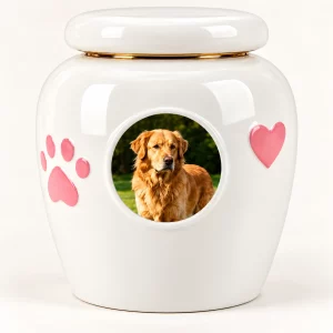 Close view of the sample golden retriever portrait, pink paw, heart and gold lid trim