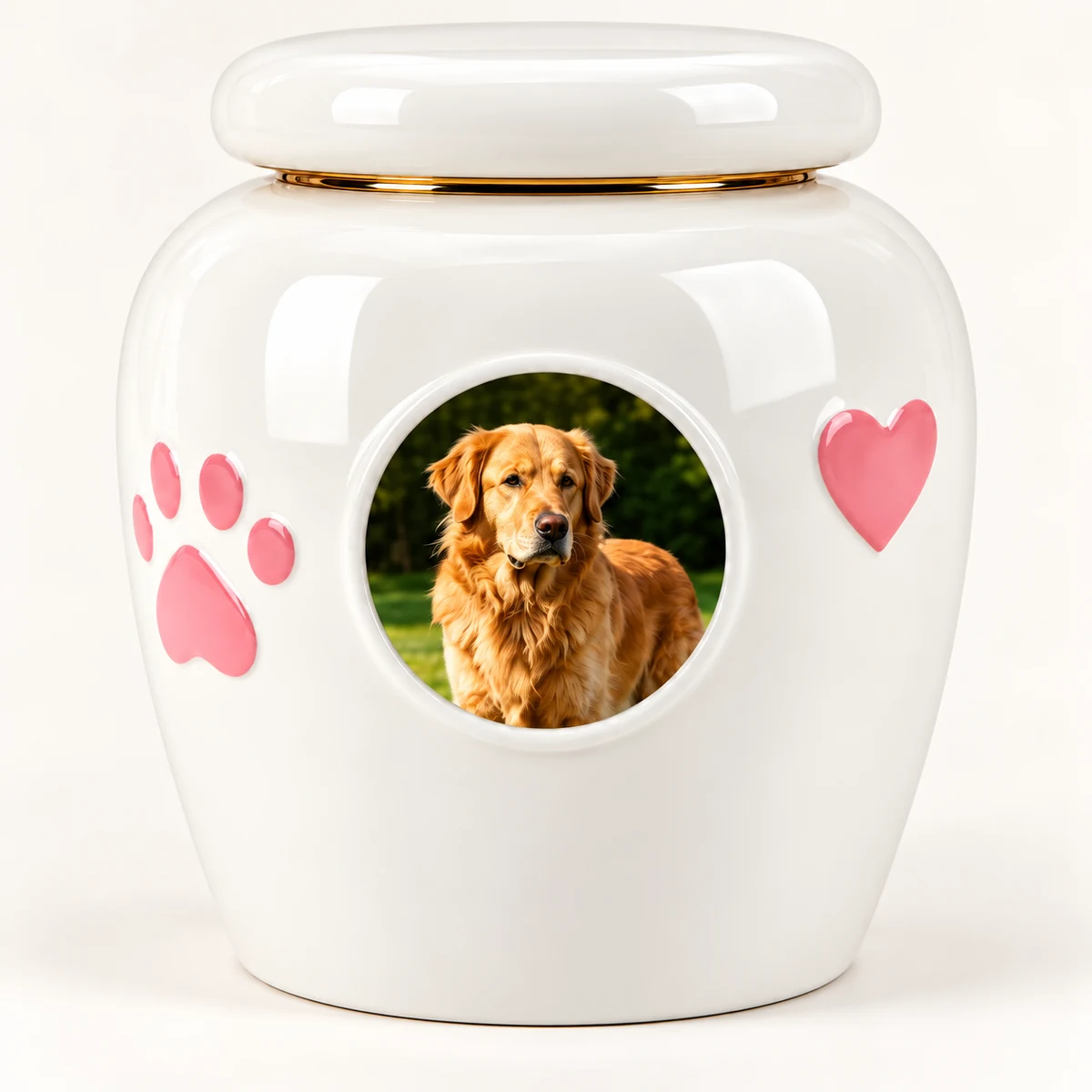 Close view of the sample golden retriever portrait, pink paw, heart and gold lid trim
