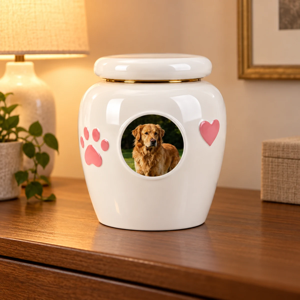 White ceramic photo urn with a sample dog portrait on a bedroom dresser
