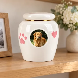 Personalized pet photo urn displayed on a light oak indoor remembrance shelf