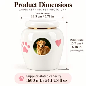 Large ceramic pet photo urn size: 14.5 cm diameter, 15.7 cm high, supplier-stated 1600 mL capacity