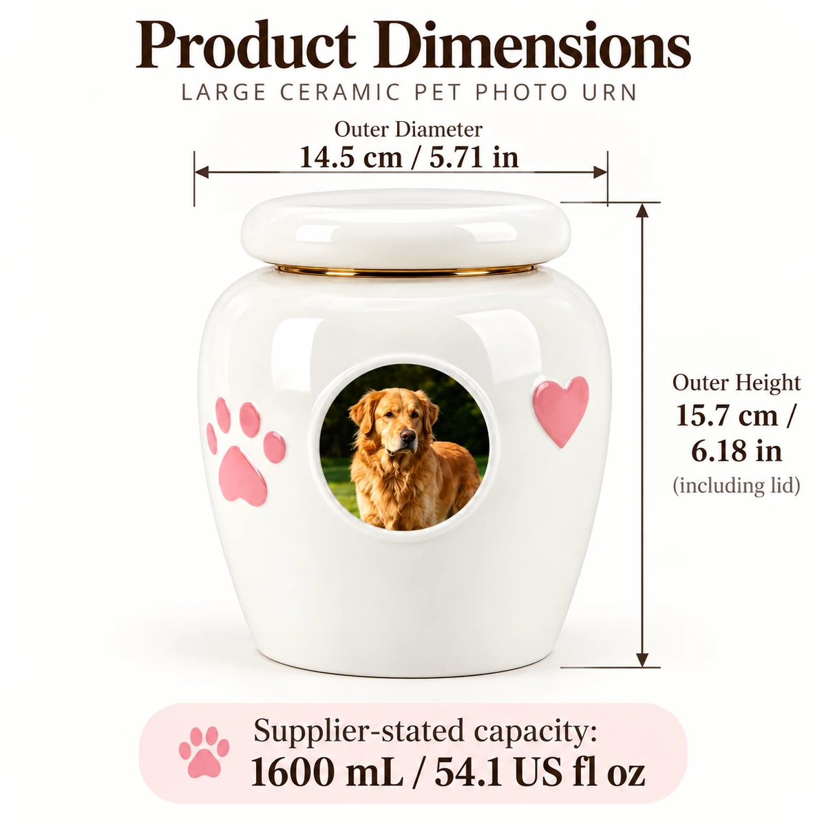 Large ceramic pet photo urn size: 14.5 cm diameter, 15.7 cm high, supplier-stated 1600 mL capacity