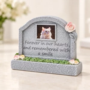 In Loving Memory pet memorial plaque, low arched gray plaque with pink rose accent and sample cat portrait, angled product view