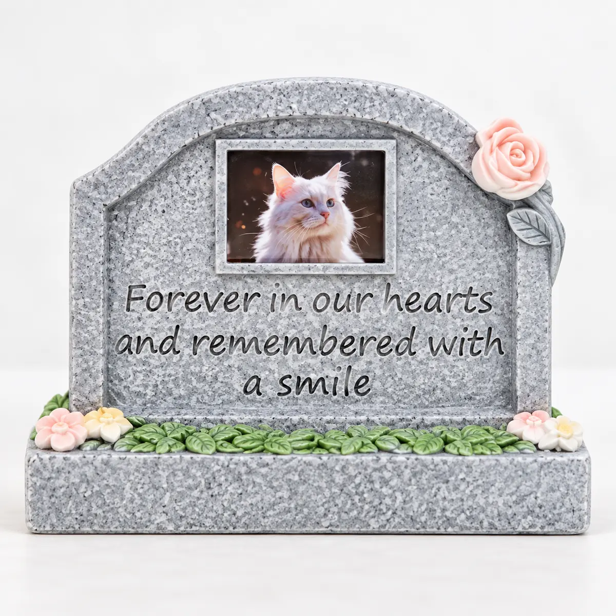 In Loving Memory pet memorial plaque, low arched gray plaque with pink rose accent and sample cat portrait, close detail view