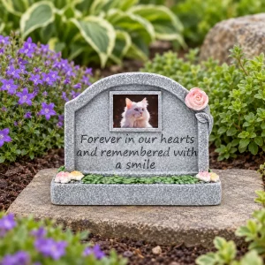In Loving Memory pet memorial plaque, on a flat garden paver beside flowers, garden setting