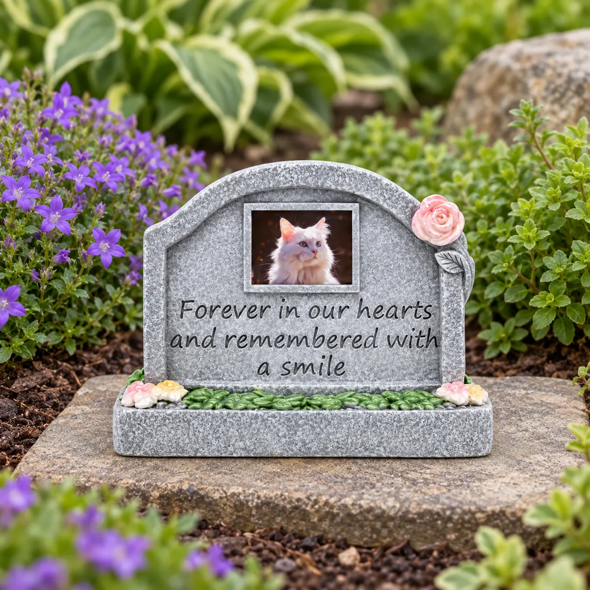 In Loving Memory pet memorial plaque, on a flat garden paver beside flowers, garden setting