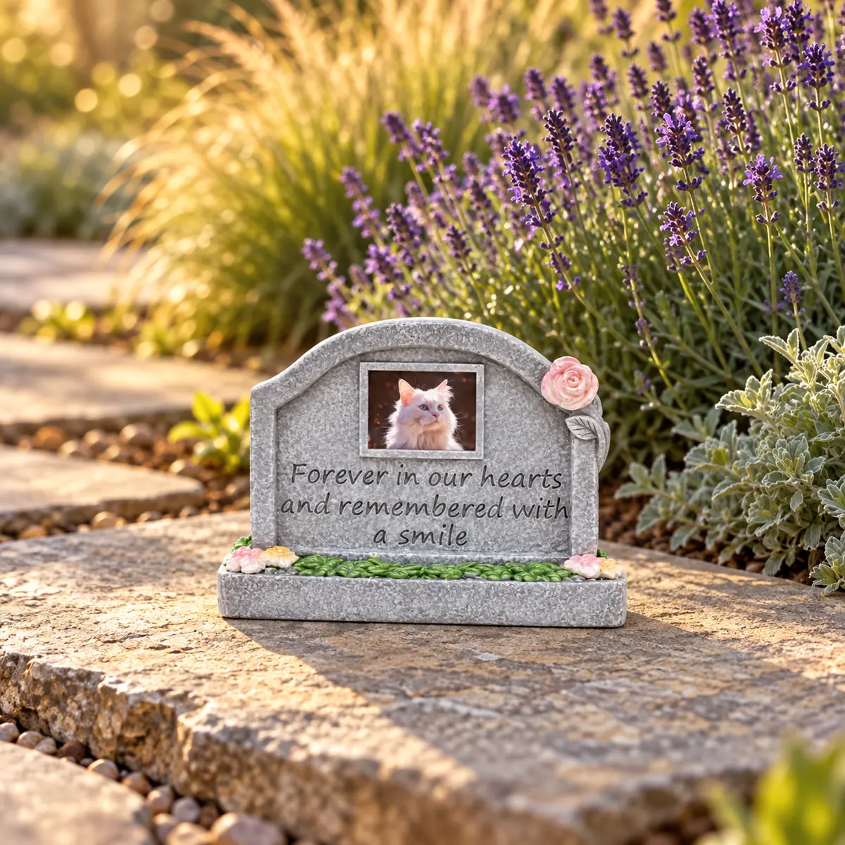 In Loving Memory pet memorial plaque, on a flat stone beside a garden path, garden setting