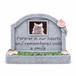 In Loving Memory pet memorial plaque, low arched gray plaque with pink rose accent and sample cat portrait, front product view
