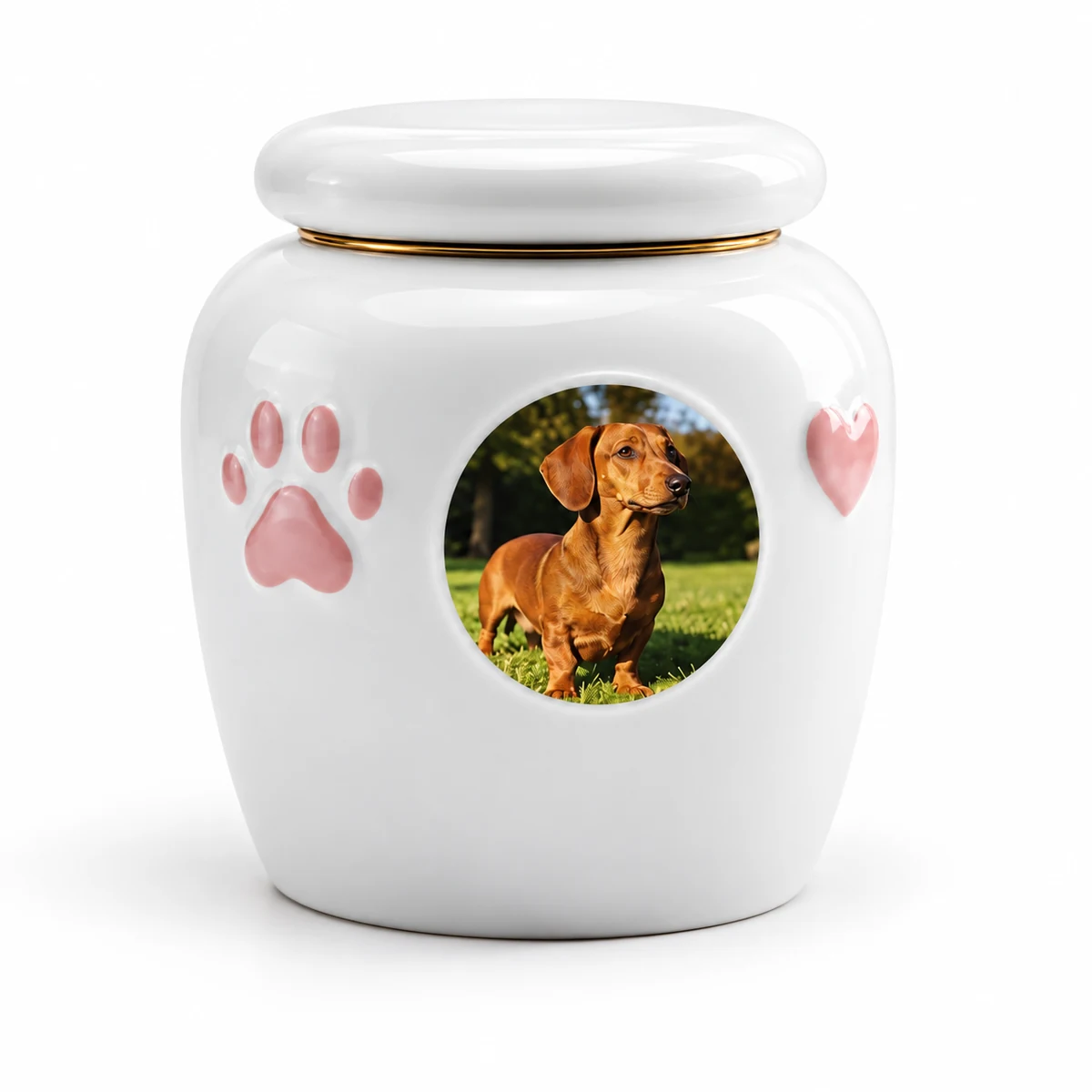 White pet photo urn with a circular sample dog portrait and closed lid