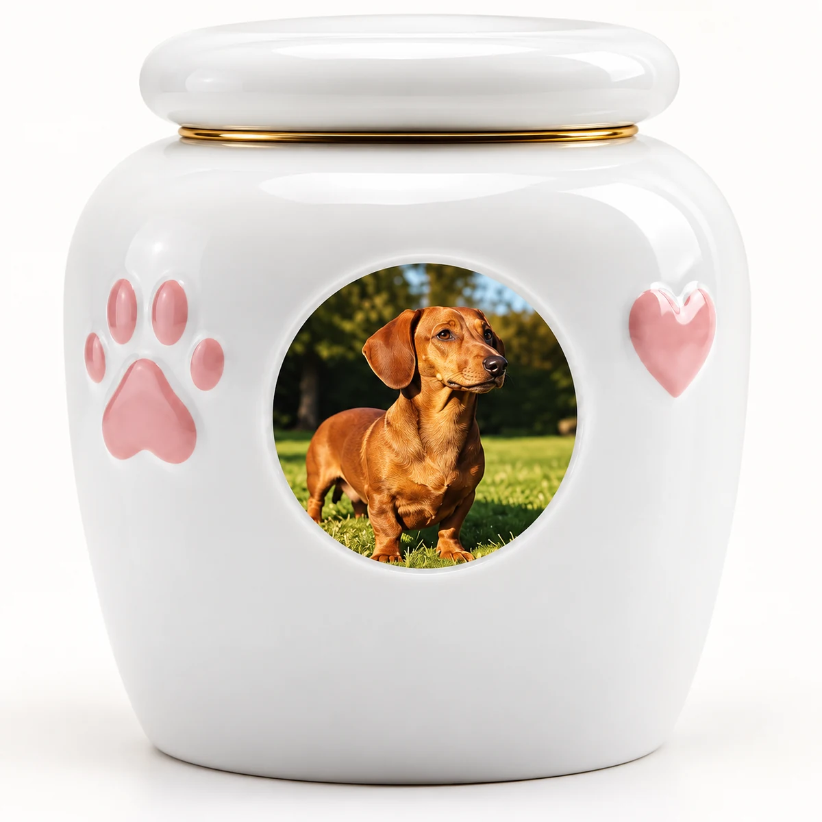Close view of the sample dachshund portrait, pink paw, heart and gold lid trim