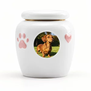 White ceramic pet photo urn with a sample dachshund portrait, pink paw and heart