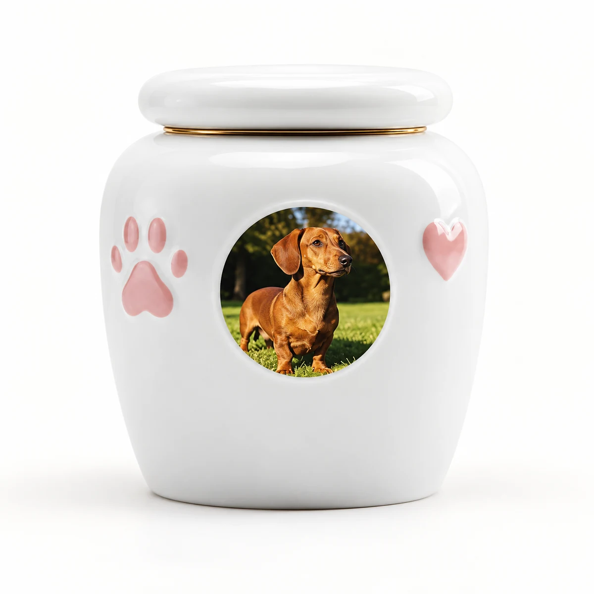 White ceramic pet photo urn with a sample dachshund portrait, pink paw and heart