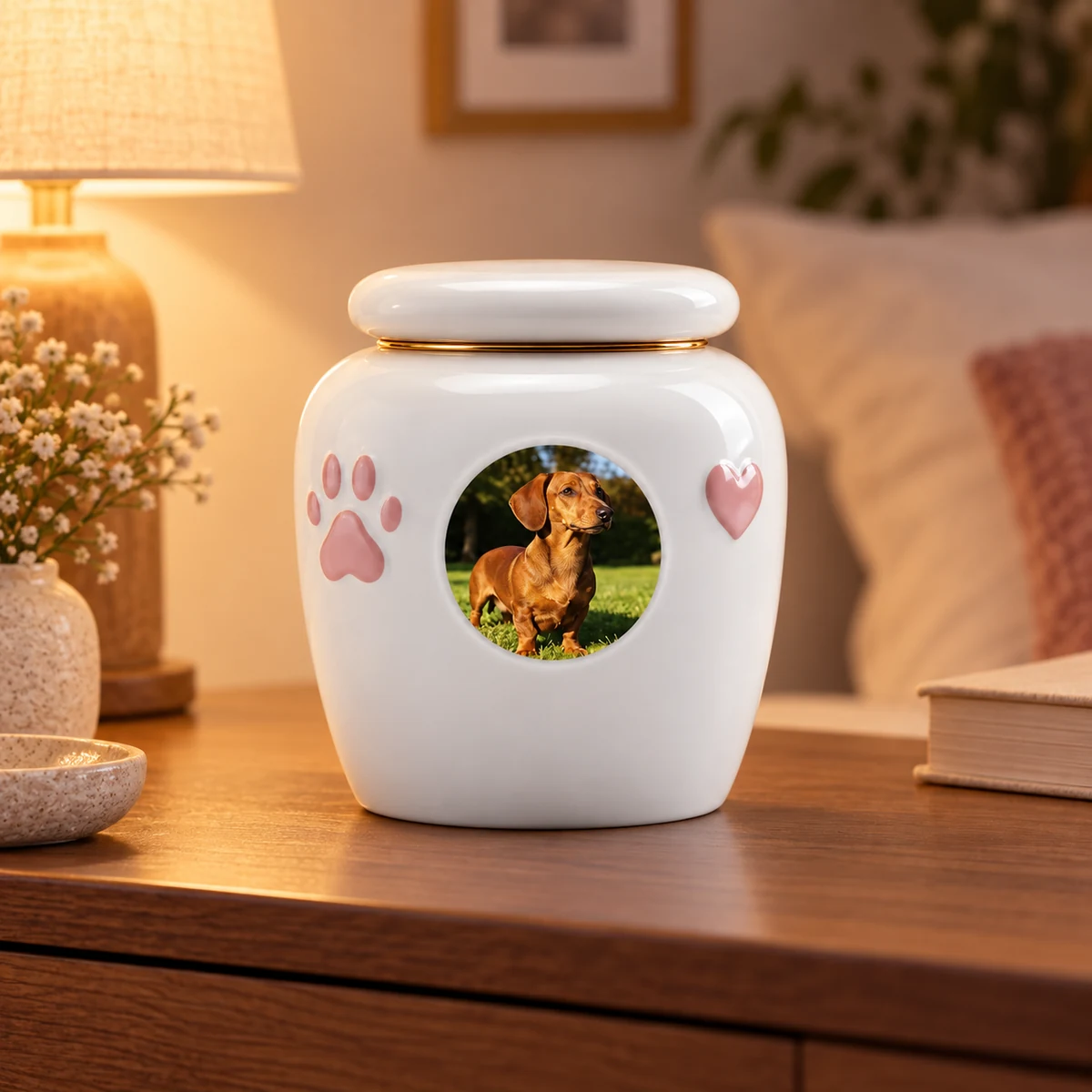 White ceramic photo urn with a sample dog portrait on a bedroom dresser