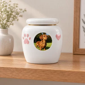Personalized pet photo urn displayed on a light oak indoor remembrance shelf
