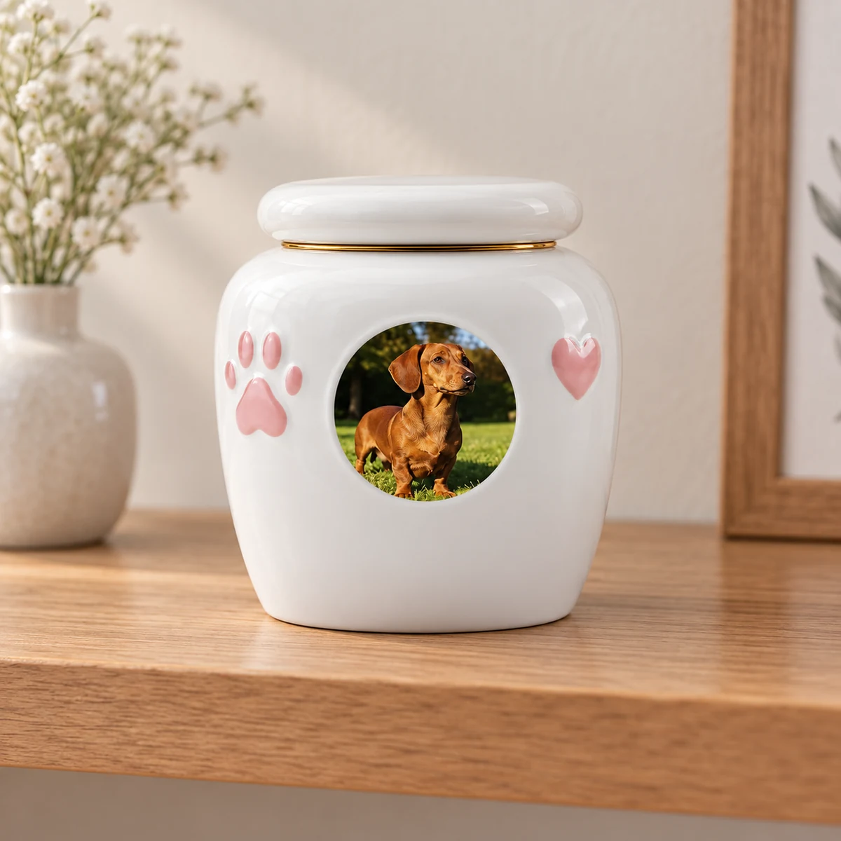 Personalized pet photo urn displayed on a light oak indoor remembrance shelf