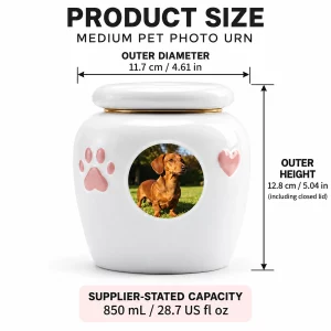 Medium ceramic pet photo urn size: 11.7 cm diameter, 12.8 cm high, supplier-stated 850 mL capacity