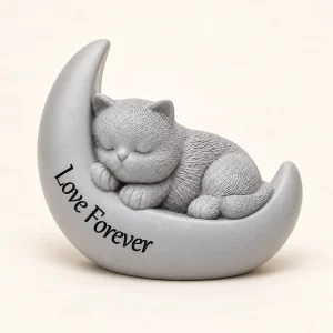 Front three-quarter view of sleeping cat nestled in crescent moon urn