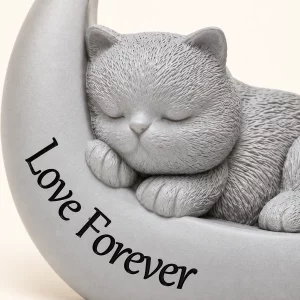 Close view of sleeping cat face and Love Forever inscription on moon urn