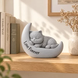Sleeping cat crescent moon urn displayed on indoor wooden shelf