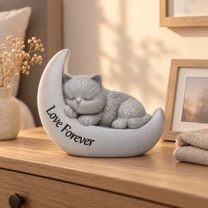 Crescent moon cat urn on indoor sideboard beside a picture frame