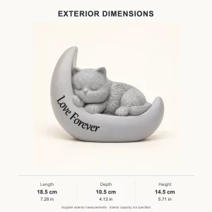 Exterior dimensions of crescent cat urn: 18.5 cm long, 10.5 cm deep and 14.5 cm high
