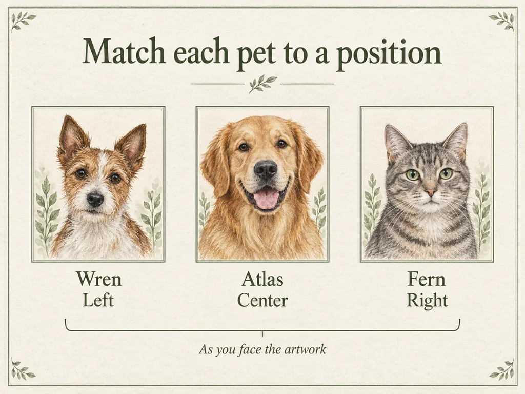 Wren the terrier is assigned left, Atlas the golden dog center, and Fern the tabby cat right as the viewer faces the artwork.