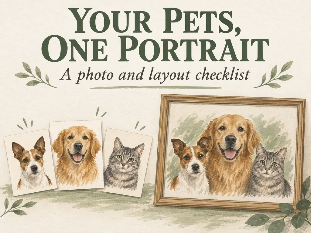Three individual pet reference sketches beside a shared portrait and the title Your pets, one portrait.