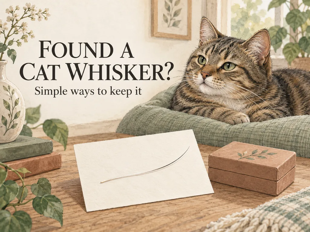 Illustrated tabby cat and a loose whisker on a card beside the words Found a cat whisker?