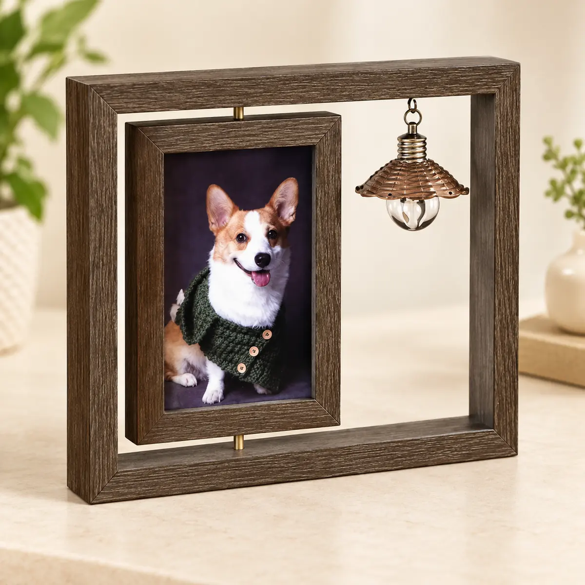 Open rectangular pet photo frame and hanging ornament viewed from an angle