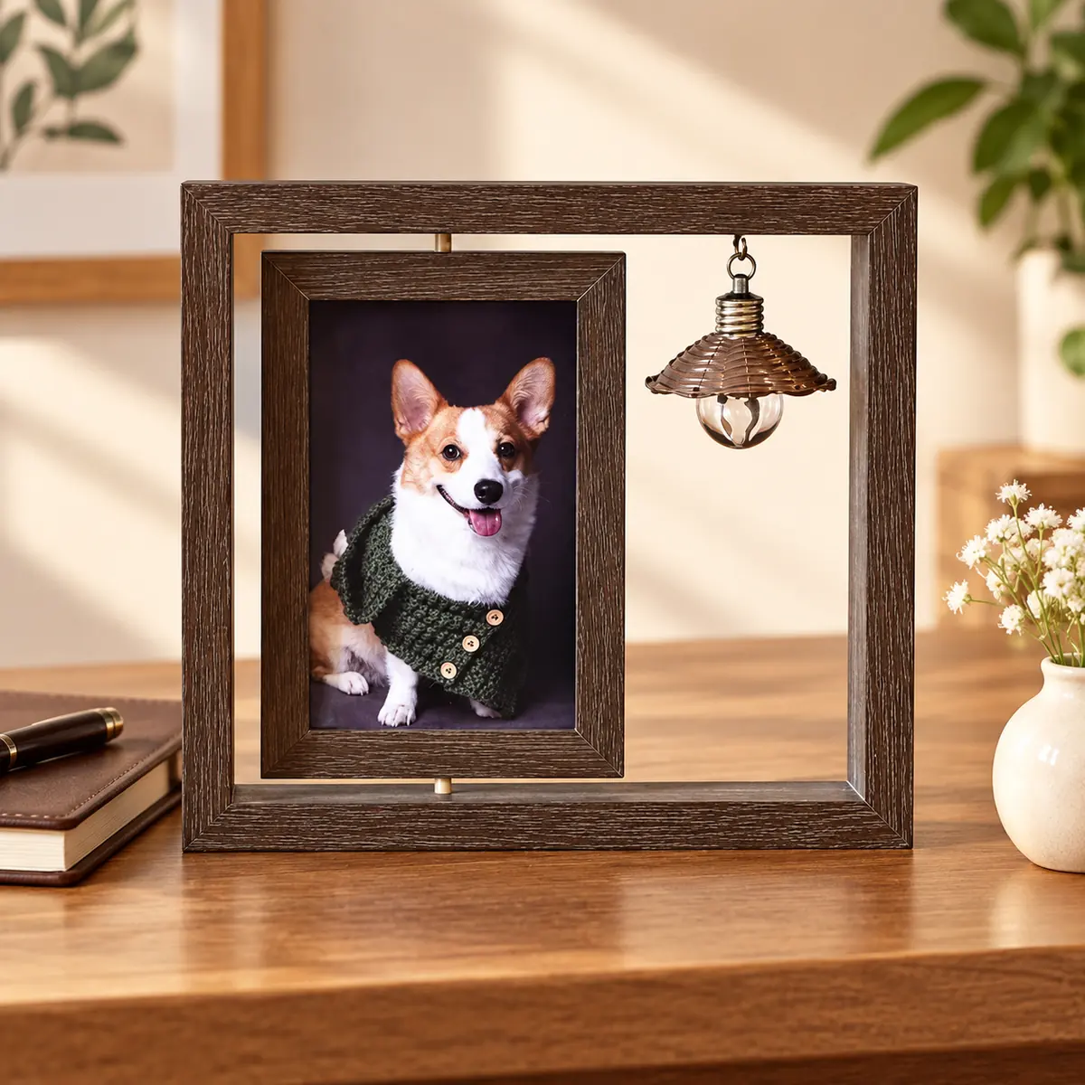 Pet memorial photo frame displayed on a warm indoor desk