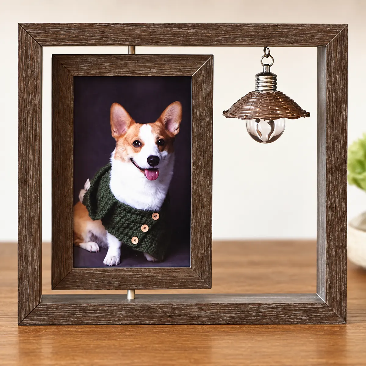 Close view of inner dog photo frame and unlit hanging bulb ornament