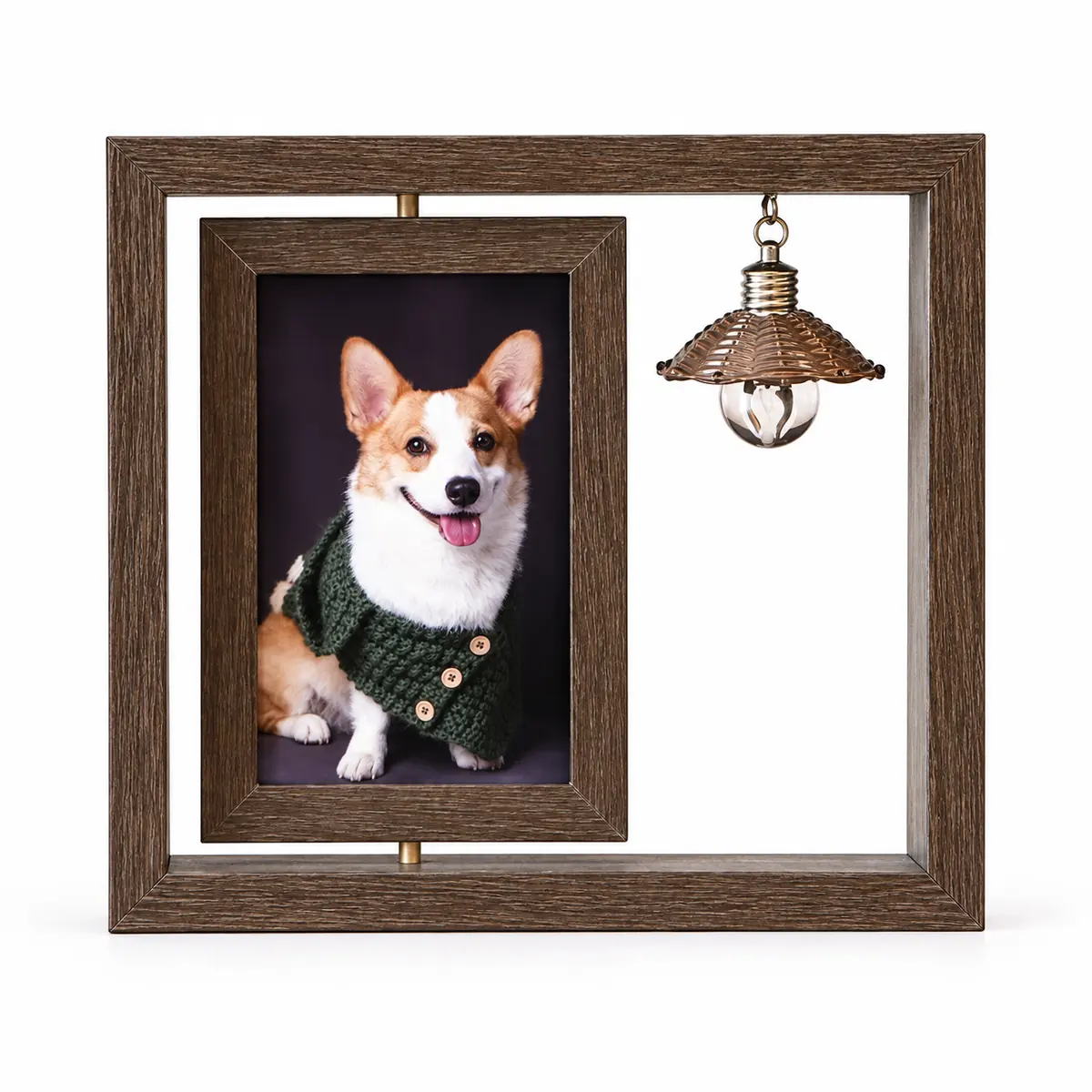 Dark wood-look pet memorial photo frame with sample dog portrait and hanging bulb ornament