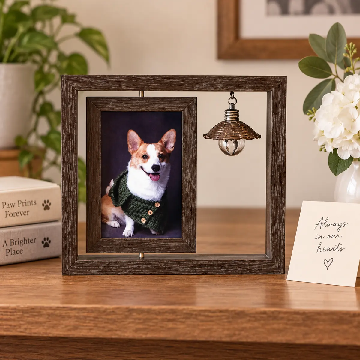 Dark pet remembrance photo frame on indoor shelf with sample dog photo