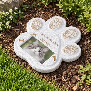 Paw Print Pet Grave Marker with Photo Window, beside a garden lawn