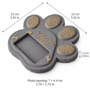 Paw Print Pet Grave Marker with Photo Window, dimensions in centimeters and inches