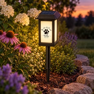 Warmly lit paw-print solar pet memorial garden light beside flowers at dusk