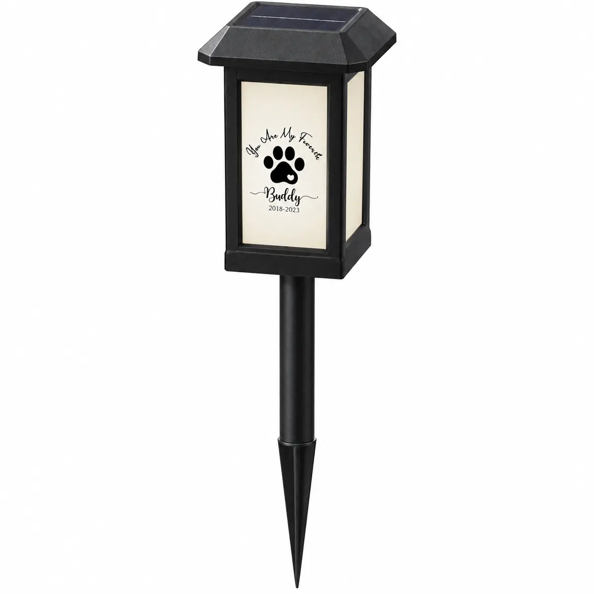 Black paw-print solar pet memorial garden light with full ground stake on a white background